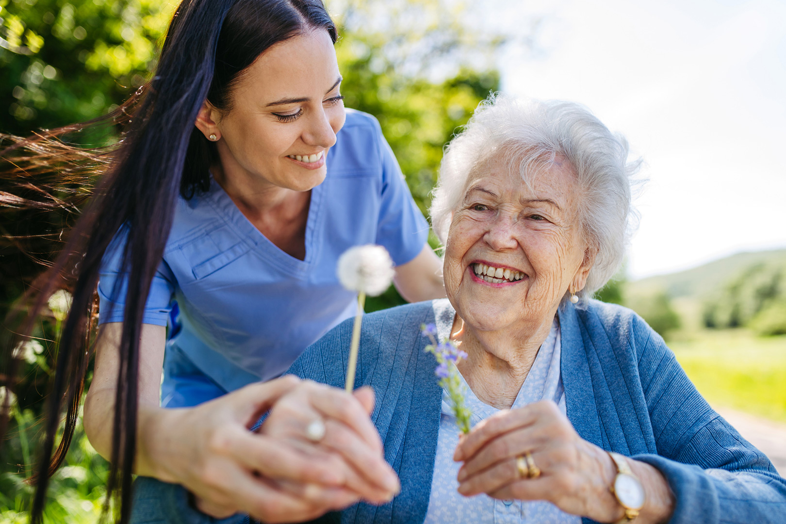 Female caregiver and senior woman in wheelchair holding dandelion, picking wild flowers. Nurse and elderly woman enjoying a warm day in nursing home, public park. Caregiver and senior woman in wheelchair holding dandelion