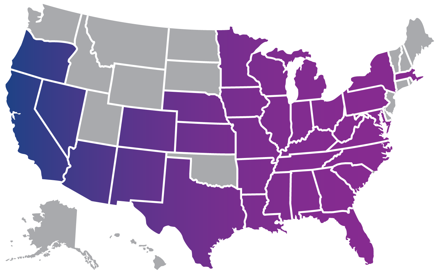 Map of the united states with the states Curana is in colored with a navy to purple gradient