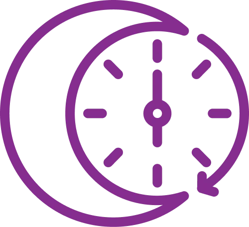 Icon of clock inside crescent moon representing 24/7